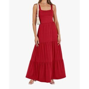 Anrabess Womens Red Med Sleeveless Tiered Maxi Smocked Dress Pockets Flowy